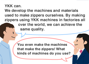 YKK employee: YKK can. We develop the machines and materials used to make zippers ourselves. By making zippers using YKK machines in factories all over the world, we can achieve the same quality. Student: You even make the machines that make the zippers! What kinds of machines do you use?