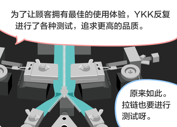 YKK员工：为了让顾客拥有最佳的使用体验，YKK反复进行了各种测试，追求更高的品质。 学生：原来如此。拉链也要进行测试呀。