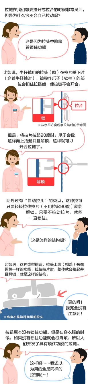 学生：拉链在我们想要拉开或拉合的时候非常灵活，但是为什么它不会自己拉动呢？ YKK员工：这是因为拉头中隐藏着锁住功能！