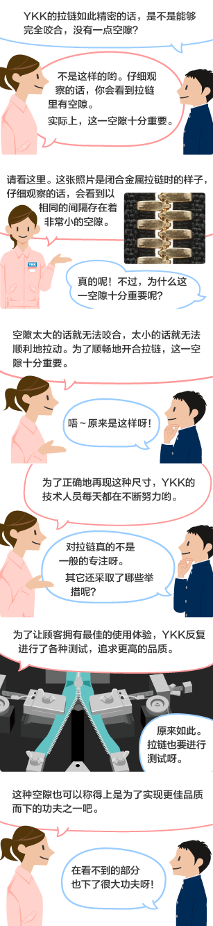 学生：YKK的拉链如此精密的话，是不是能够完全咬合，没有一点空隙？ YKK员工：不是这样的哟。仔细观察的话，你会看到拉链里有空隙。 实际上，这一空隙十分重要。