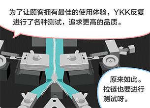 YKK员工：为了让顾客拥有最佳的使用体验，YKK反复进行了各种测试，追求更高的品质。 学生：原来如此。拉链也要进行测试呀。