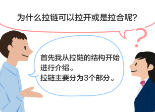 学生：为什么拉链可以拉开或是拉合呢？ YKK员工：首先我从拉链的结构开始进行介绍。 拉链主要分为3个部分。