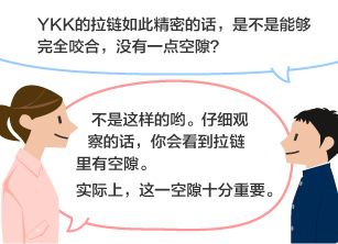 学生：YKK的拉链如此精密的话，是不是能够完全咬合，没有一点空隙？ YKK员工：不是这样的哟。仔细观察的话，你会看到拉链里有空隙。 实际上，这一空隙十分重要。