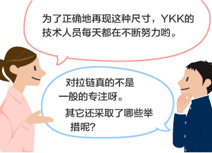 YKK员工：为了正确地再现这种尺寸，YKK的技术人员每天都在不断努力哟。学生：对拉链真的不是一般的专注呀。 其它还采取了哪些举措呢？