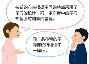 YKK员工：拉链的布带根据不同的特点采用了不同的设计，同一条布带中的不同部位会有细微的差异。 学生：同一条布带的不同部位结构也不一样呀。