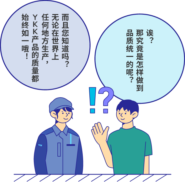 而且您知道吗？无论在世界上任何地方生产，YKK产品的质量都始终如一哦！ 诶？那究竟是怎样做到品质统一的呢？