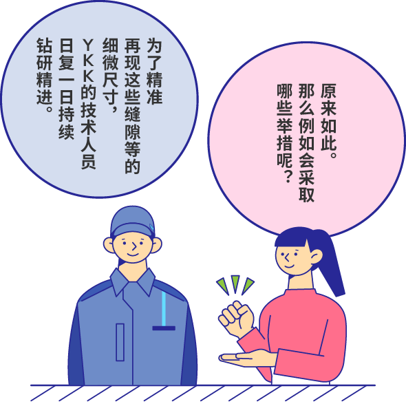 为了精准再现这些缝隙等的细微尺寸，YKK的技术人员日复一日持续钻研精进。 原来如此。那么例如会采取哪些举措呢？