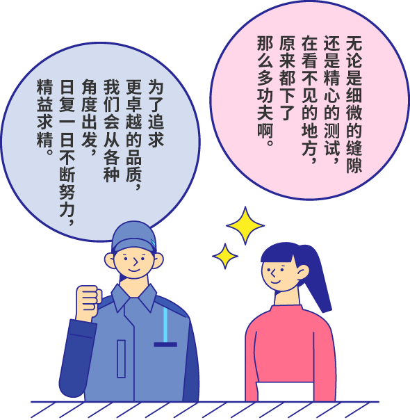 无论是细微的缝隙还是精心的测试，在看不见的地方，原来都下了那么多功夫啊。 为了追求更卓越的品质，我们会从各种角度出发，日复一日不断努力，精益求精。