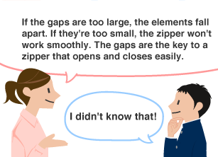 YKK employee: If the gaps are too large, the elements fall apart. If they're too small, the zipper won't work smoothly. The gaps are the key to a zipper that opens and closes easily. Student: I didn't know that!