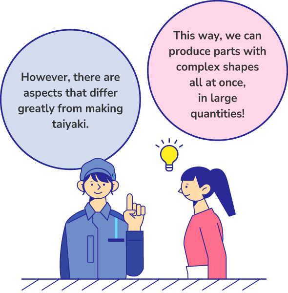 This way, we can produce parts with complex shapes all at once, in large quantities! However, there are aspects that differ greatly from making taiyaki.