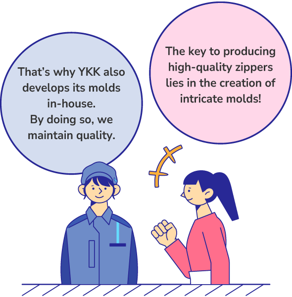 The key to producing high-quality zippers lies in the creation of intricate molds! That’s why YKK also develops its molds in-house. By doing so, we maintain quality.
