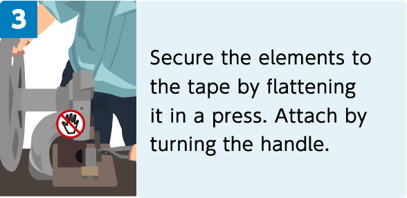 3. Secure the elements to the tape by flattening it in a press. Attach by turning the handle.