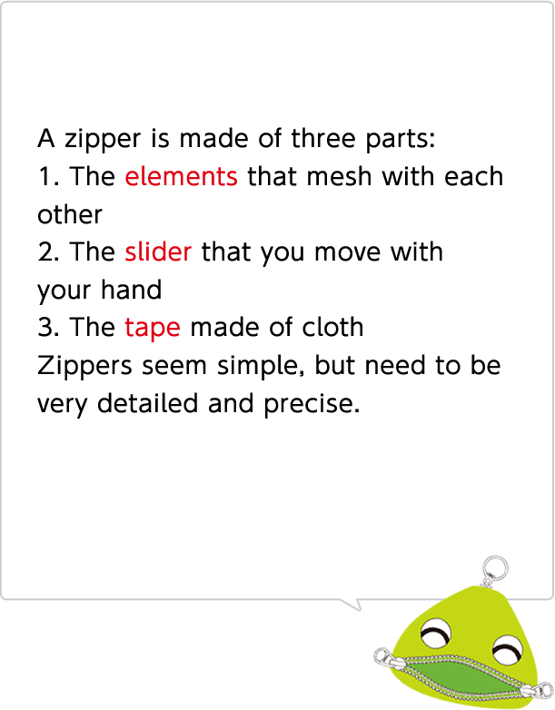 A zipper is made of three parts:1. The elements that mesh with each other 2. The slider that you move with your hand 3. The tape made of cloth Zippers seem simple, but need to be very detailed and precise.