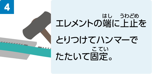 エレメントの端に上止をとりつけてハンマーでたたいて固定。