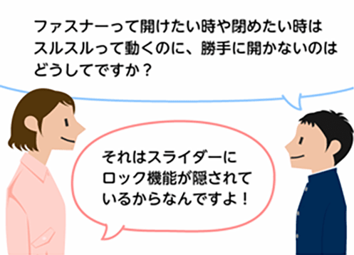 「ファスナーって開けたい時や閉めたい時はスルスルって動くのに、勝手に開かないのはどうしてですか？」「それはスライダーにロック機能が隠されているからなんですよ！」