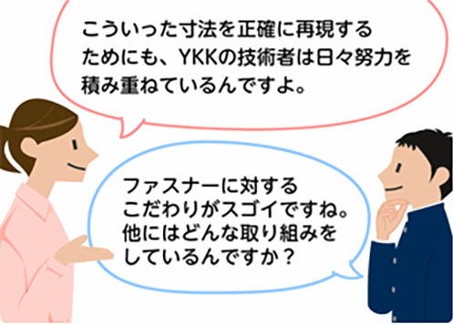 「こういった寸法を正確に再現するためにも、YKKの技術者は日々努力を積み重ねているんですよ。」「ファスナーに対するこだわりがスゴイですね。他にはどんな取り組みをしているんですか？」