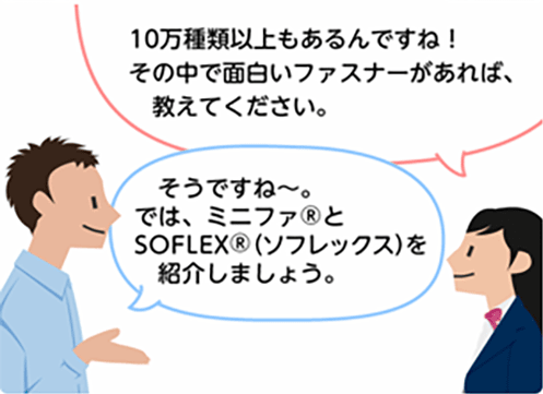 「10万種類以上もあるんですね！その中で面白いファスナーがあれば、教えてください。」「そうですね～。では、ミニファ®とSOFLEX®(ソフレックス)を紹介しましょう。」