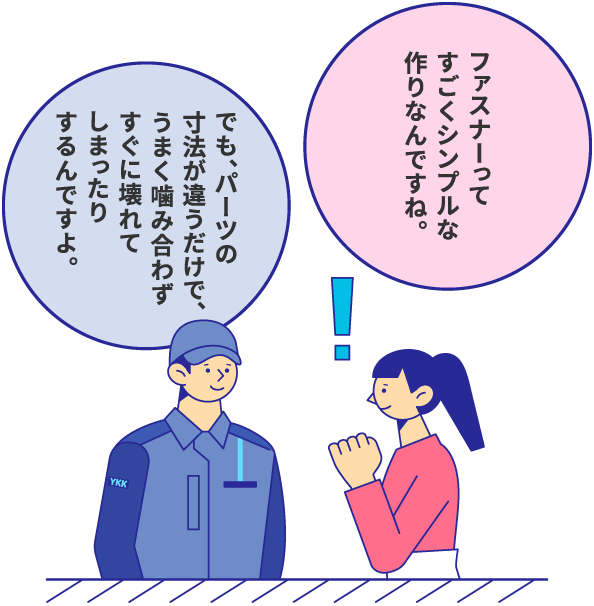 ファスナーってすごくシンプルな作りなんですね。 でも、パーツの寸法が違うだけで、うまく噛み合わずすぐに壊れてしまったりするんですよ。