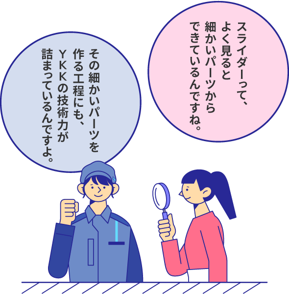 スライダーって、よく見ると細かいパーツからできているんですね！ その細かいパーツを作る工程にも、YKKの技術力が詰まっているんですよ。