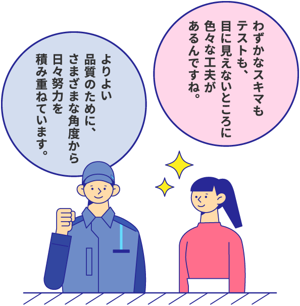 わずかなスキマもテストも、目に見えないところに色々な工夫があるんですね。 よりよい品質のために、さまざまな角度から日々努力を積み重ねています。