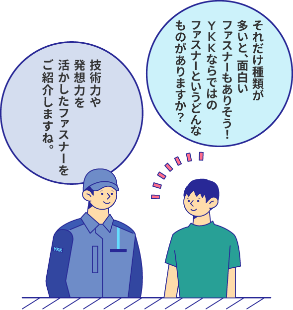 それだけ種類が多いと、面白いファスナーもありそう！YKKならではのファスナーというとどんなものがありますか？ 技術力や発想力を活かしたファスナーをご紹介しますね。